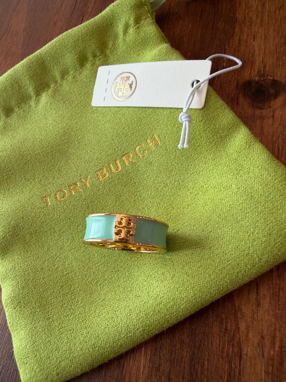 Tory Burch teal Enamel Logo Ring with Gold Trim